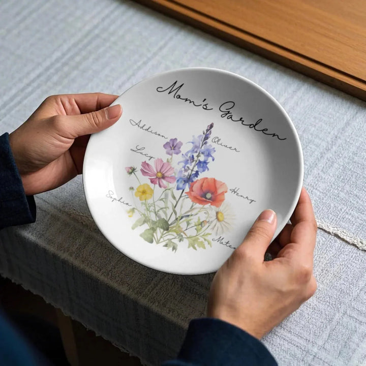 Custom-Birth-Flower-Bouquet-Ceramic-Round-Plate-with-Stand-scenario-artfulane