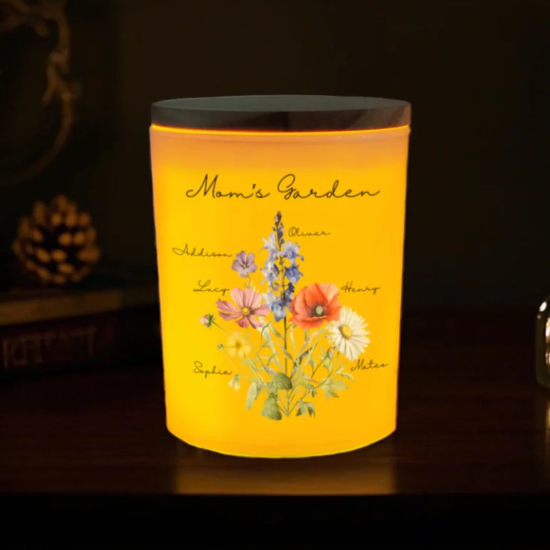 Custom-Birth-Month-Flower-Bouquet-White-Glass-Jar-With-LED-Candle-turned-on-artfulane