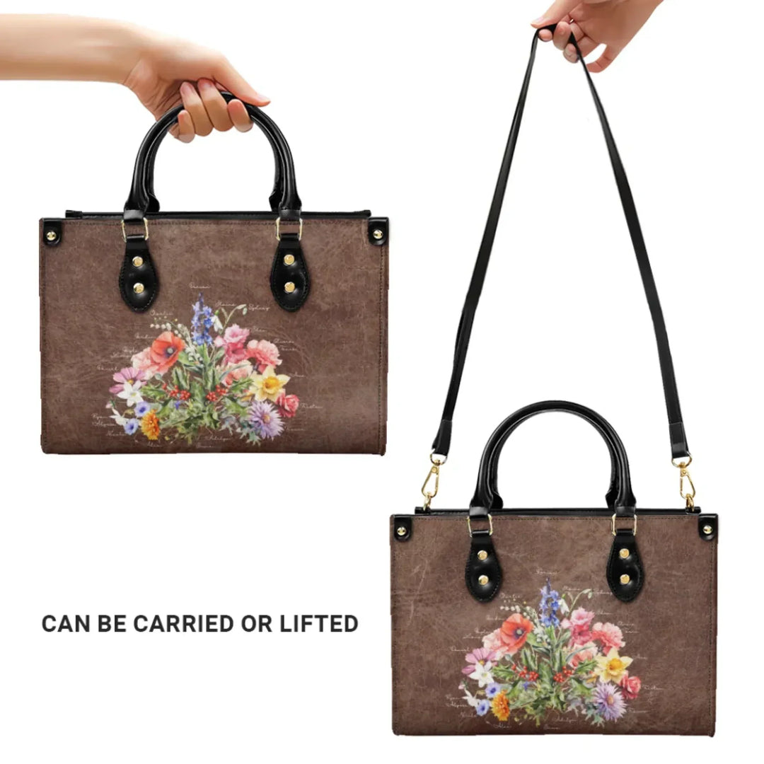 UCustom-Birth-Month-Flower-Bouquet-Twill-Faux-Leather-Handbag-usage-artfulane