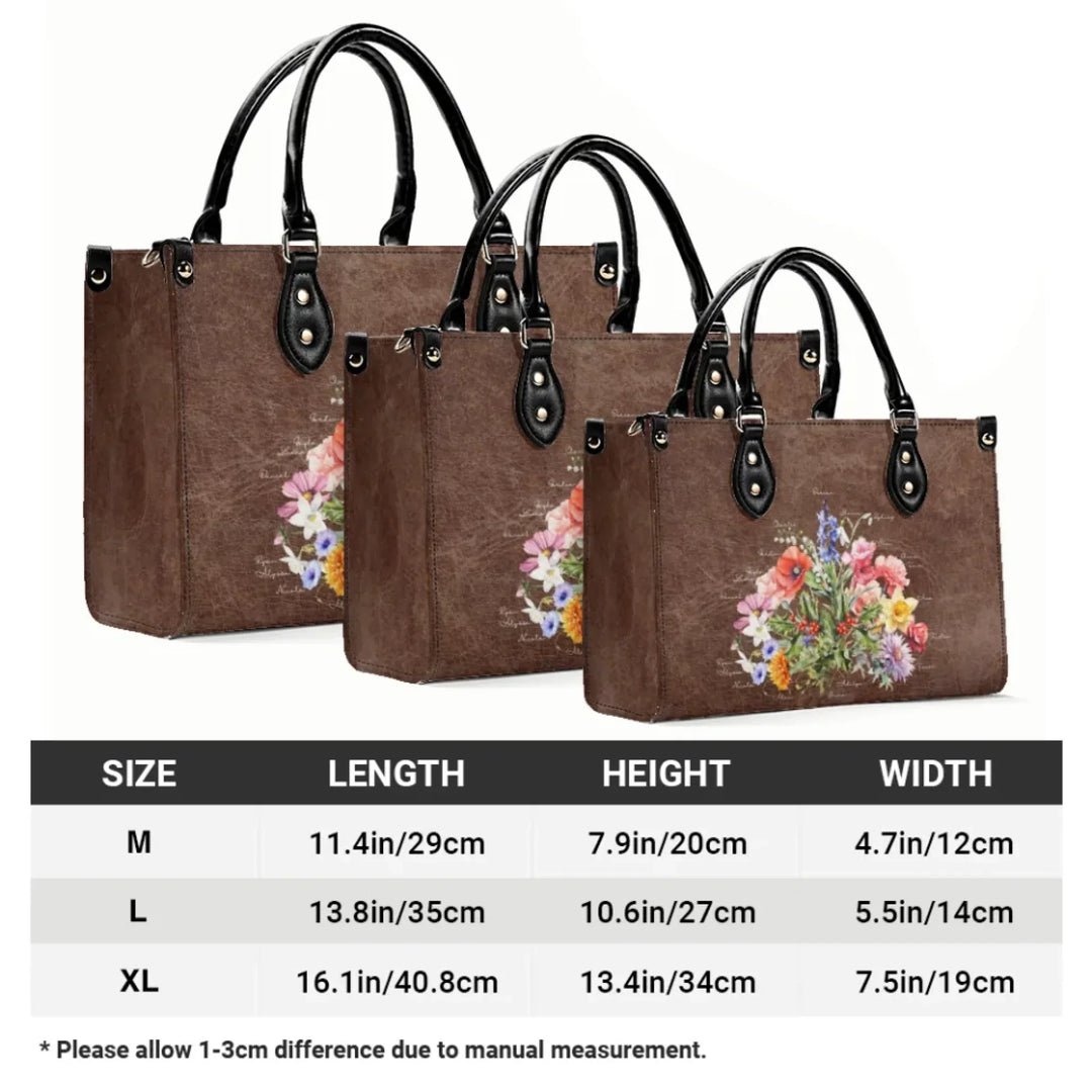 Custom-Birth-Month-Flower-Bouquet-Twill-Faux-Leather-Handbag-size-chart-artfulane