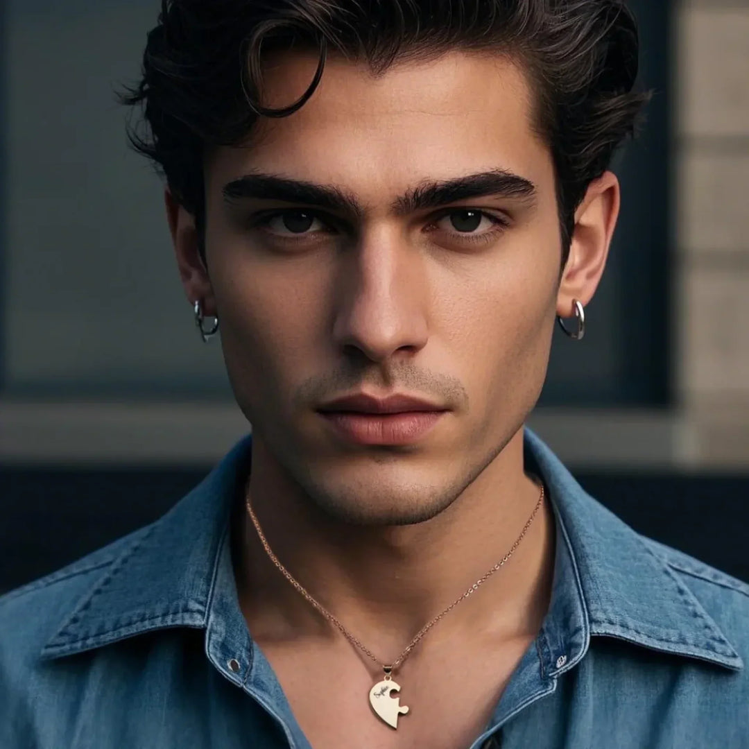 Custom-Engraved-Heart-Puzzle-Necklace-Set-on-male-model-artfulane