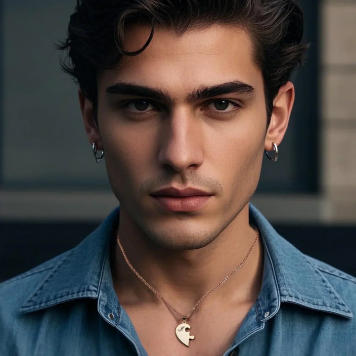 Custom-Engraved-Heart-Puzzle-Necklace-Set-on-male-model-artfulane