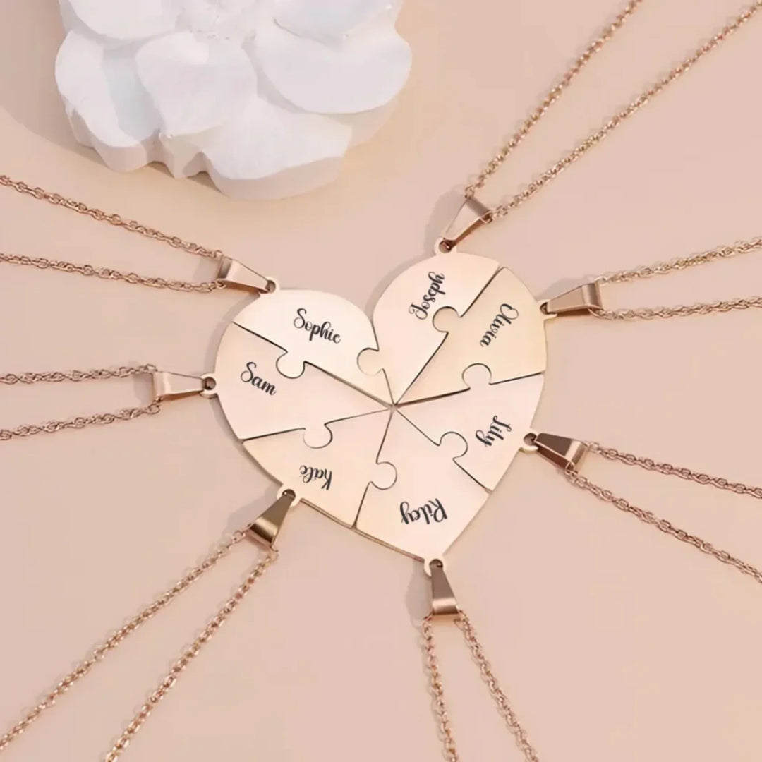 Custom-Engraved-Heart-Puzzle-Necklace-Set-in-rose-gold-artfulane