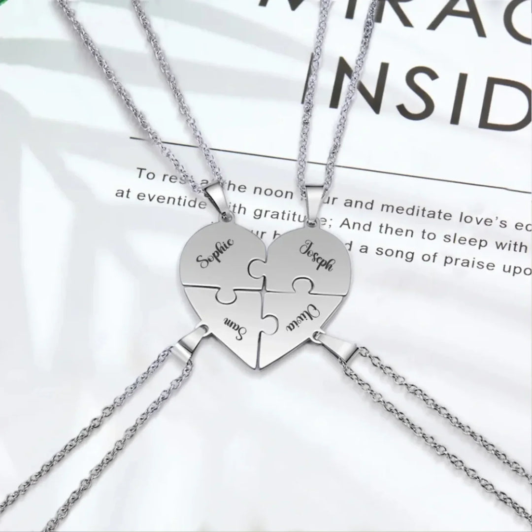 Custom-Engraved-Heart-Puzzle-Necklace-Set-in-silver-artfulane