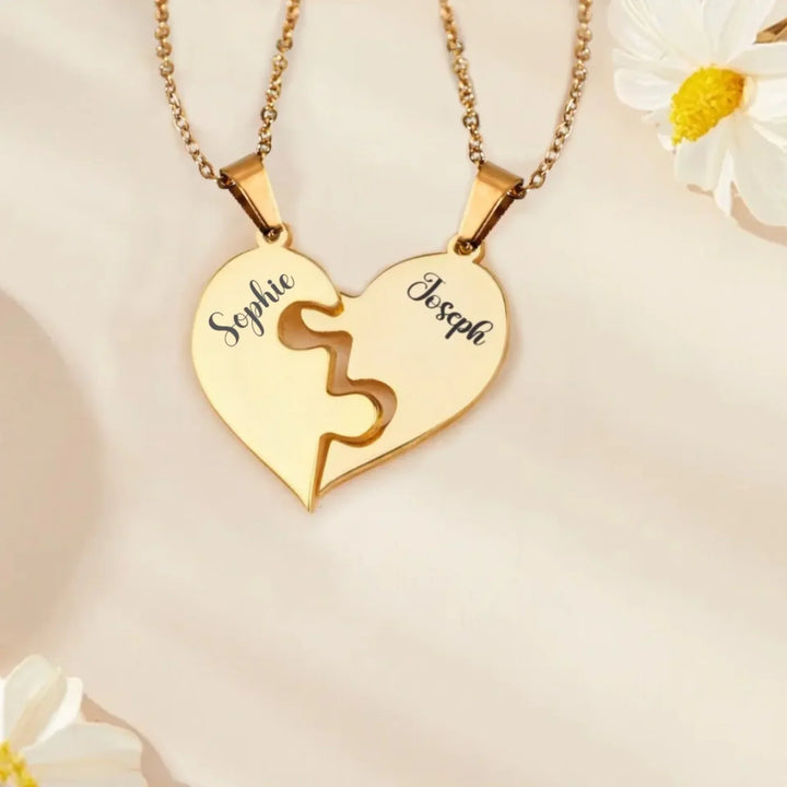 Custom-Engraved-Heart-Puzzle-Necklace-Set-in-gold-artfulane