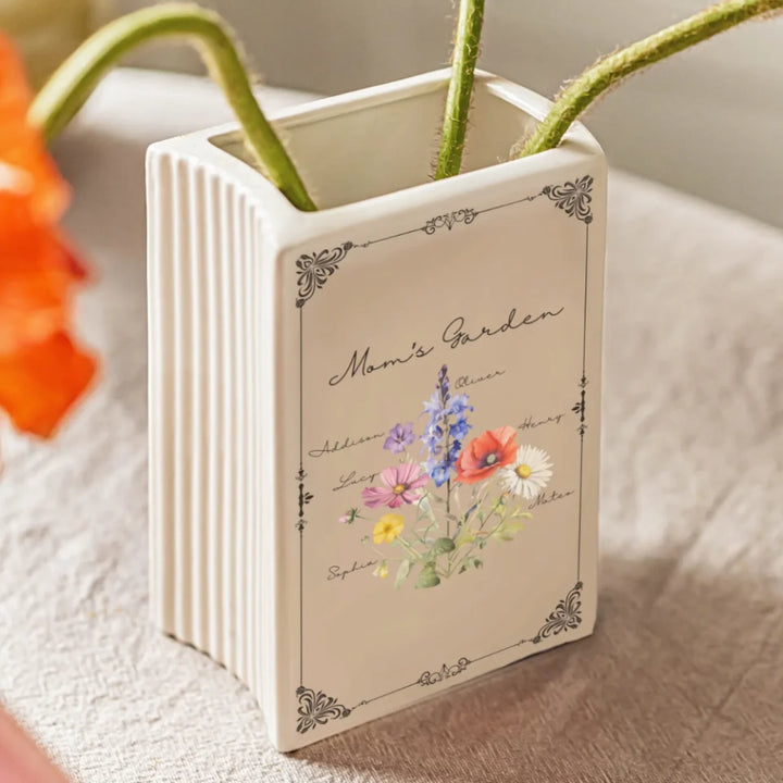 Custom-Birth-Month-Flower-Bouquet-Ceramic-Book-Vase-side-view-artfulane