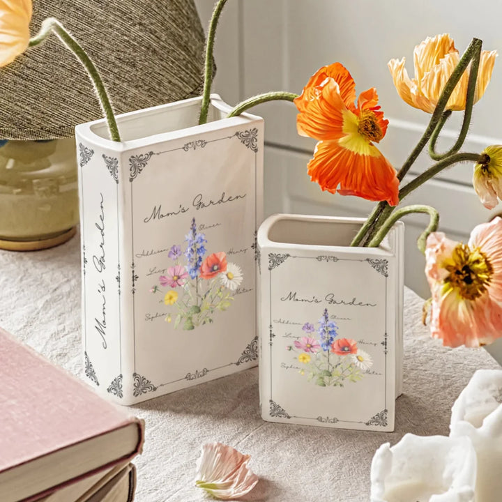 Custom-Birth-Month-Flower-Bouquet-Ceramic-Book-Vase-display-artfulane
