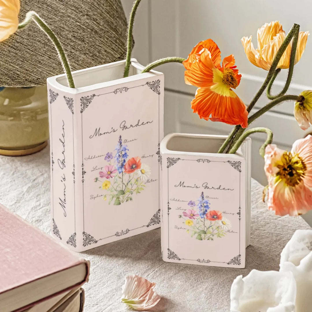 Custom-Birth-Month-Flower-Bouquet-Ceramic-Book-Vase-in-different-colors-artfulane