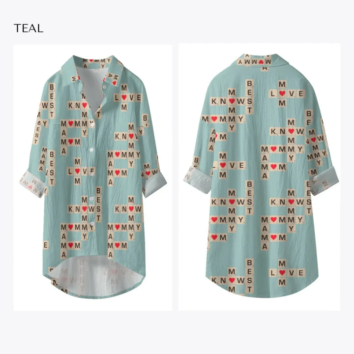 Women’s-Long-Sleeve-Button-Up-Shirt-Dress-Mom-Knows-Best-Word-Tile-teal-ARTFULANE