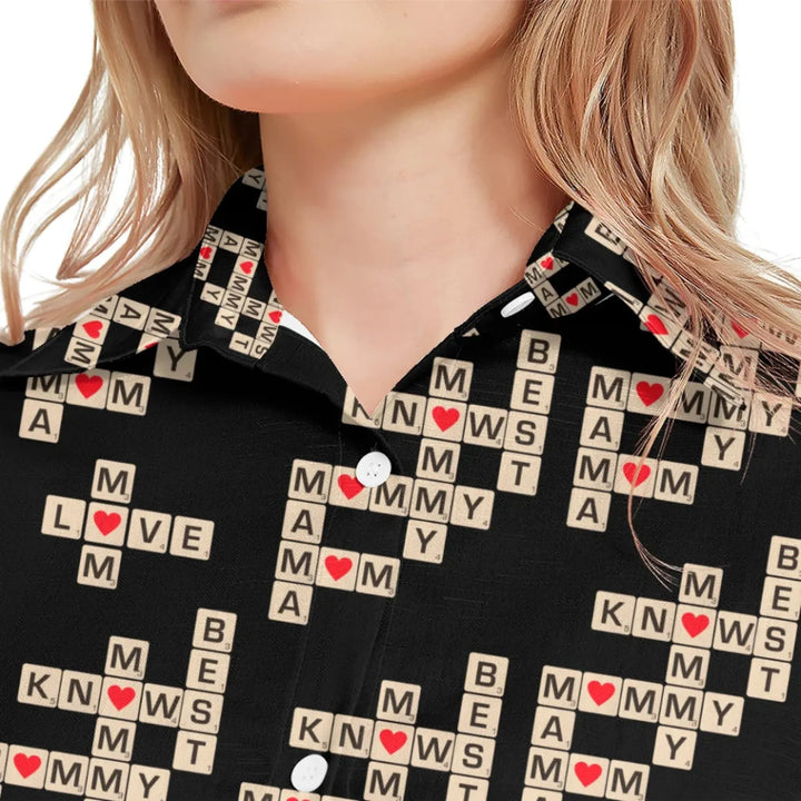 Women's-Linen-Shirt-Mom-Knows-Best-Word-Tile-black-close-up-artfulane