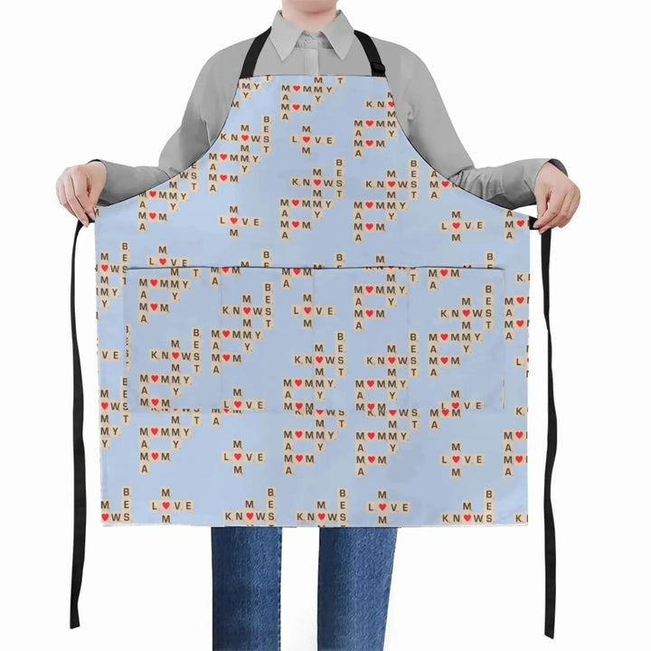 Apron-with-Pocket-Mom-Knows-Best-Word-Tile-on-model-artfulane