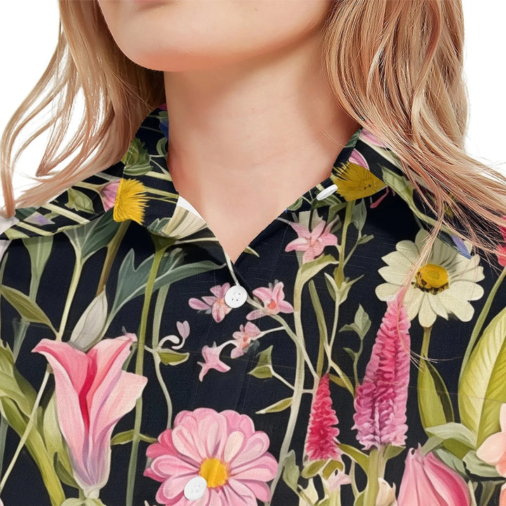 women's-linen-shirt-close-up-Wildflowers-and-Botanicals-Watercolor-Florals-artfulane