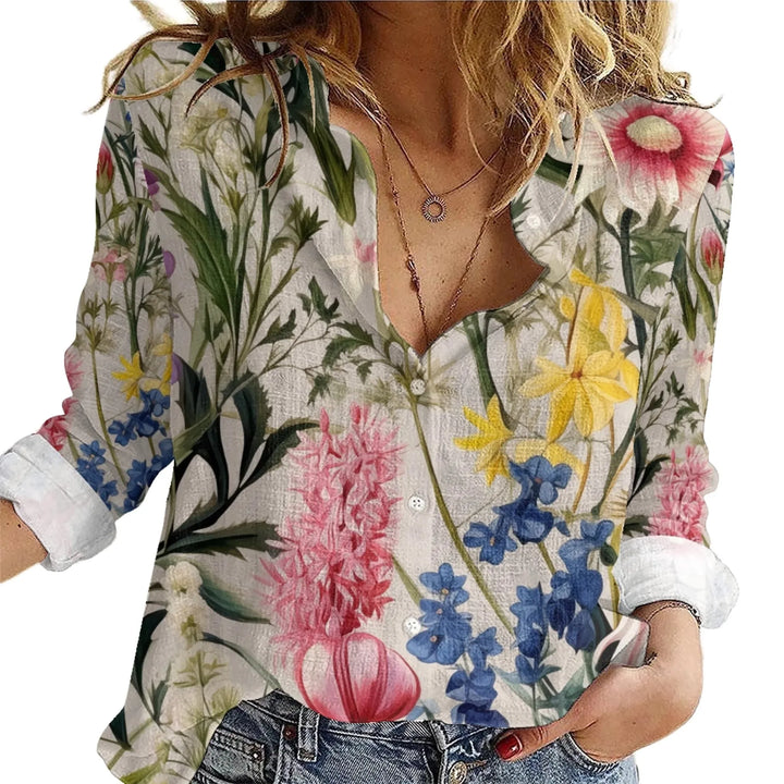 women's-linen-shirt-on-model-boho-Wildflowers-and-Botanicals-Watercolor-Florals-artfulane