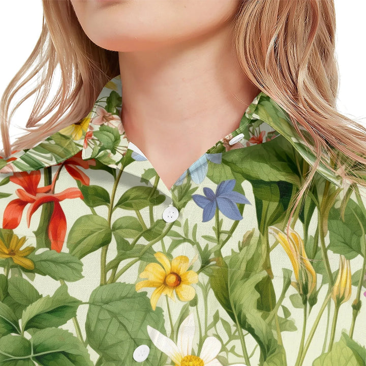 women's-linen-shirt-close-up-boho-Wildflowers-and-Botanicals-Watercolor-Florals-artfulane