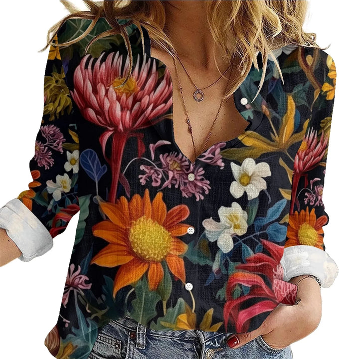 women's-linen-shirt-on-model-Boho-and-Natural-Wildflowers-and-Botanicals-Herbarium-Style-artfulane