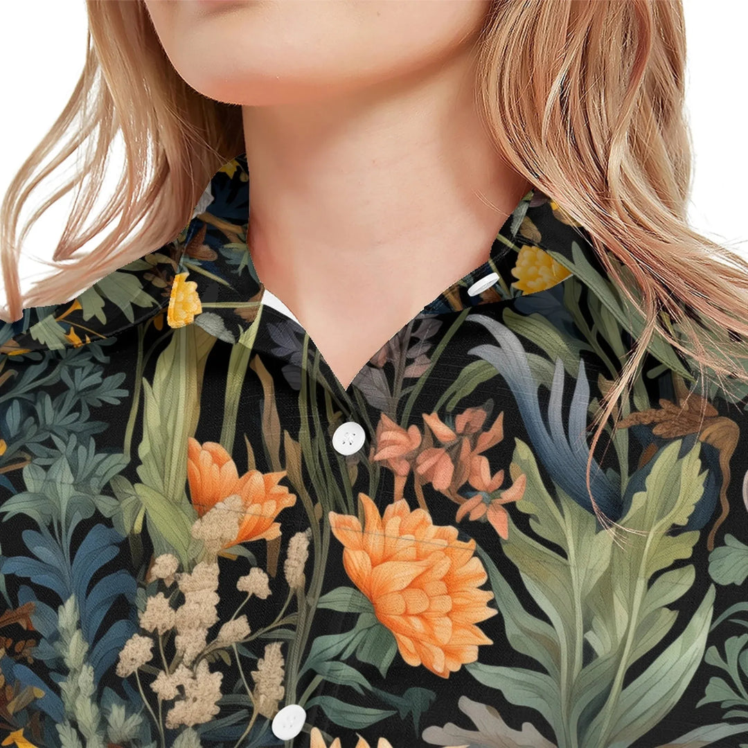 women's-linen-shirt-close-up-Boho-and-Natural-Wildflowers-and-Botanicals-Vintage-Florals-artfulane