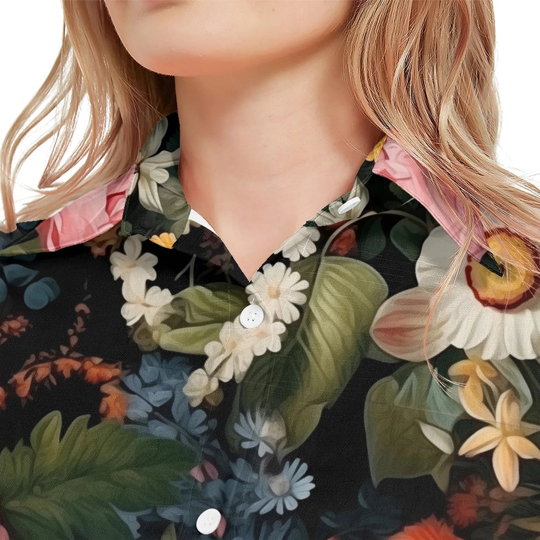 women's-linen-shirt-close-up-Boho-and-Natural-Wildflowers-and-Botanicals-Vintage-Florals-artfulane