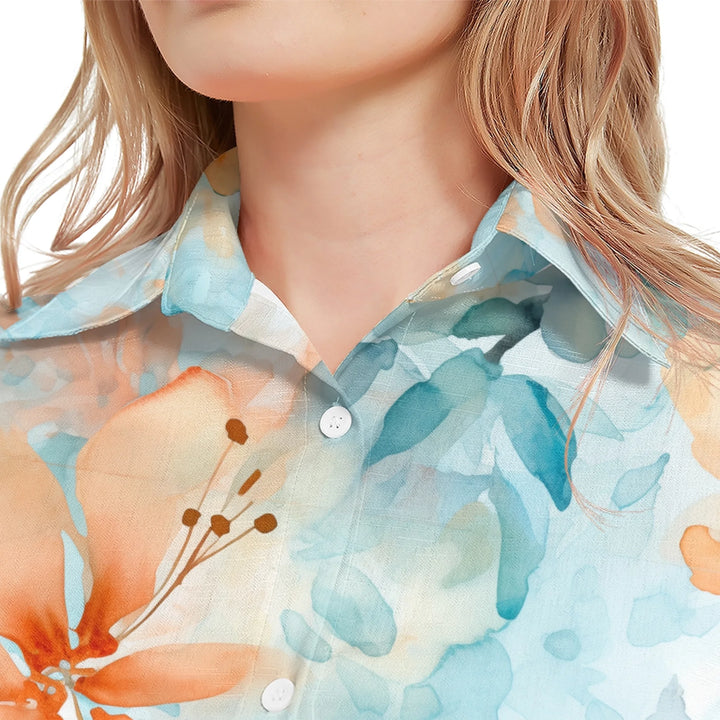 women's-linen-shirt-close-up-floral-watercolor-monochromatic-wildflowers-artfulane