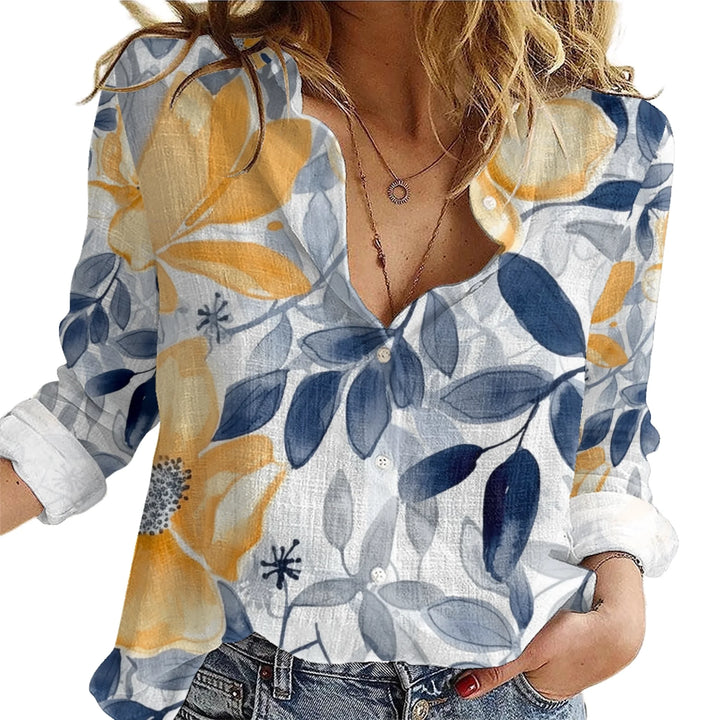 women's-linen-shirt-floral-watercolor-monochromatic-wildflowers-artfulane