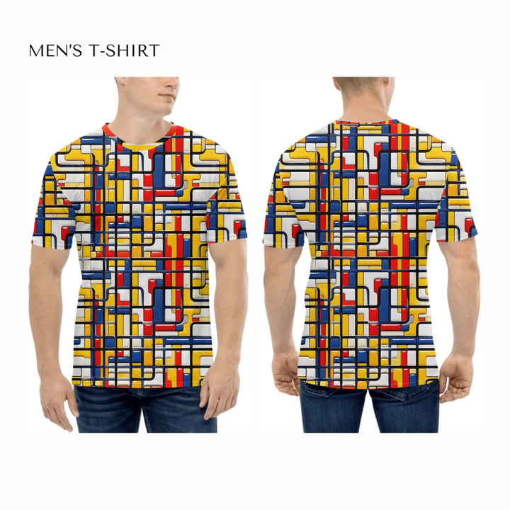 custom-modern-abstract-art-color-blocking-all-over-print-mens-crew-neck-t-shirt-on-model-front-and-back-artfulane