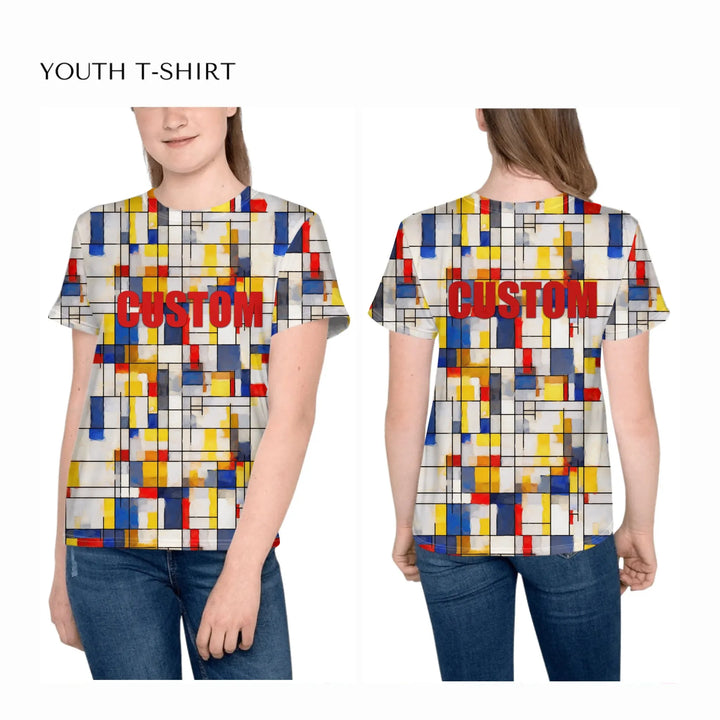 custom-modern-abstract-art-color-blocking-all-over-print-unisex-youth-crew-neck-t-shirt-on-girl-front-and-back-artfulane