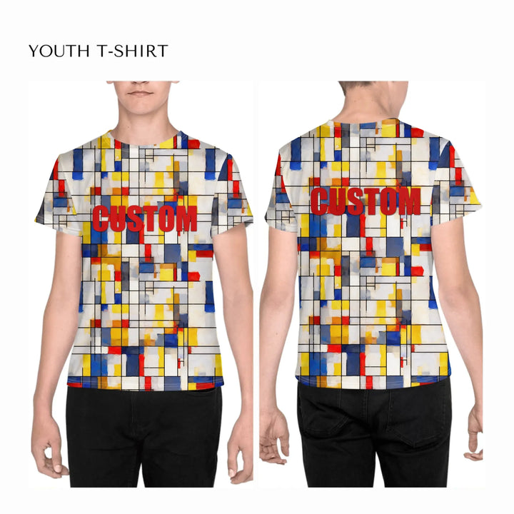custom-modern-abstract-art-color-blocking-all-over-print-unisex-youth-crew-neck-t-shirt-on-boy-front-and-back-artfulane