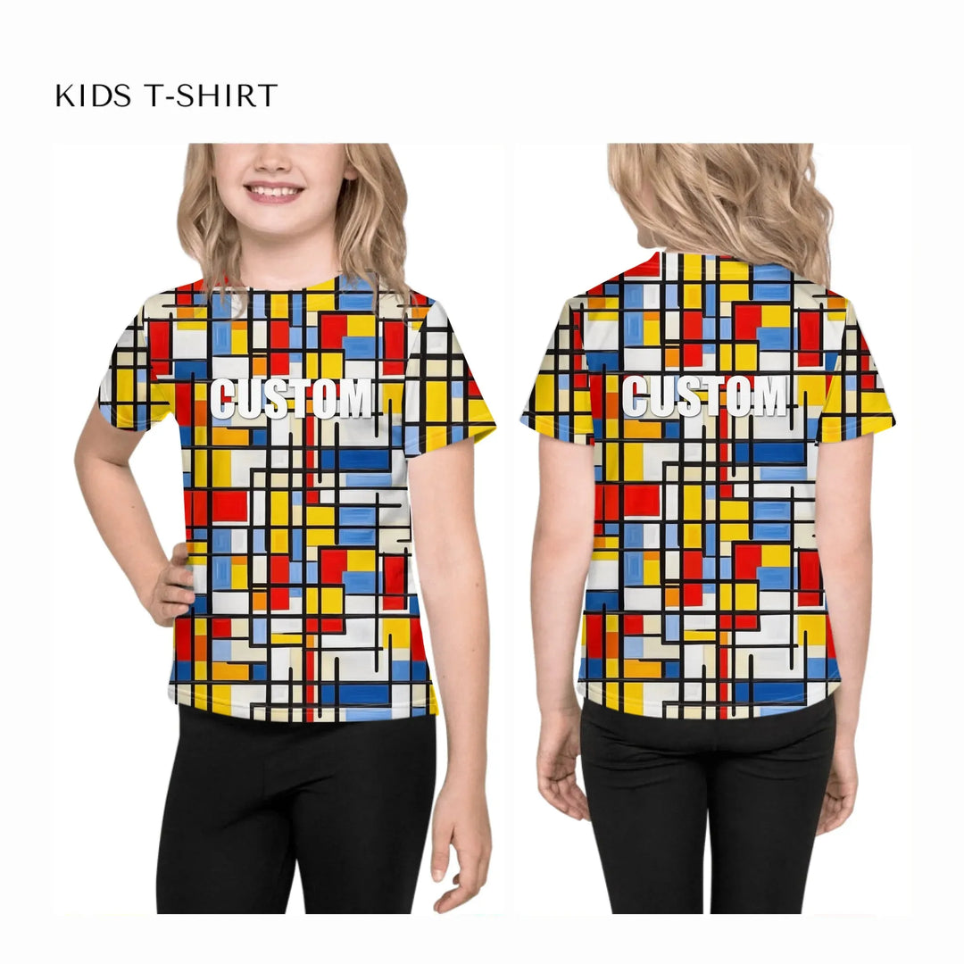 custom-modern-abstract-art-color-blocking-all-over-print-unisex-kids-crew-neck-t-shirt-on-model-front-and-back-artfulane