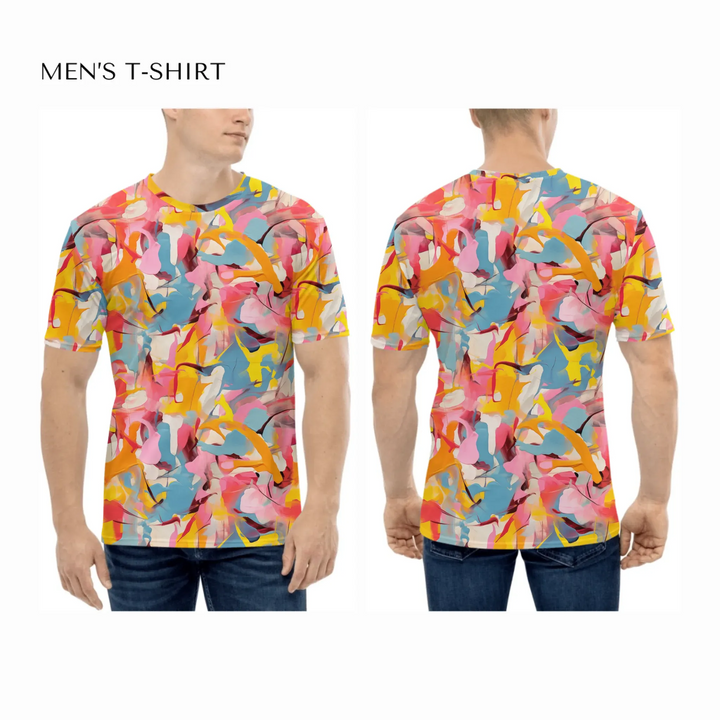 Custom-Modern-Abstract-T-Shirt-Textured-Abstract-all-over-print-mens-crew-neck-t-shirt-on-model-front-and-back-artfulane
