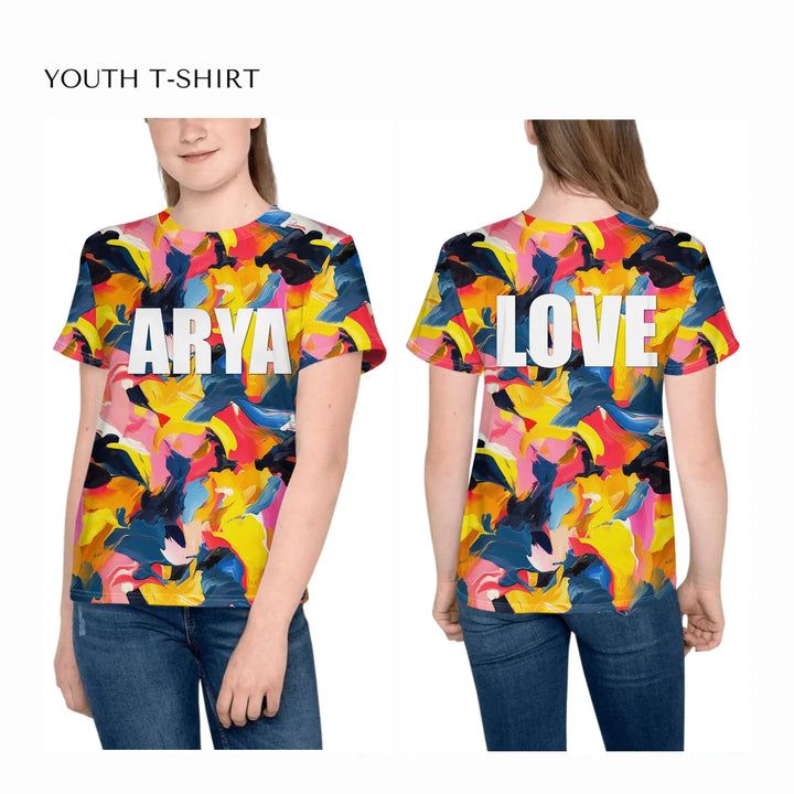 Custom-Modern-Abstract-T-Shirt-Textured-Abstract-all-over-print-unisex-youth-crew-neck-t-shirt-on-girl-front-and-back-artfulane