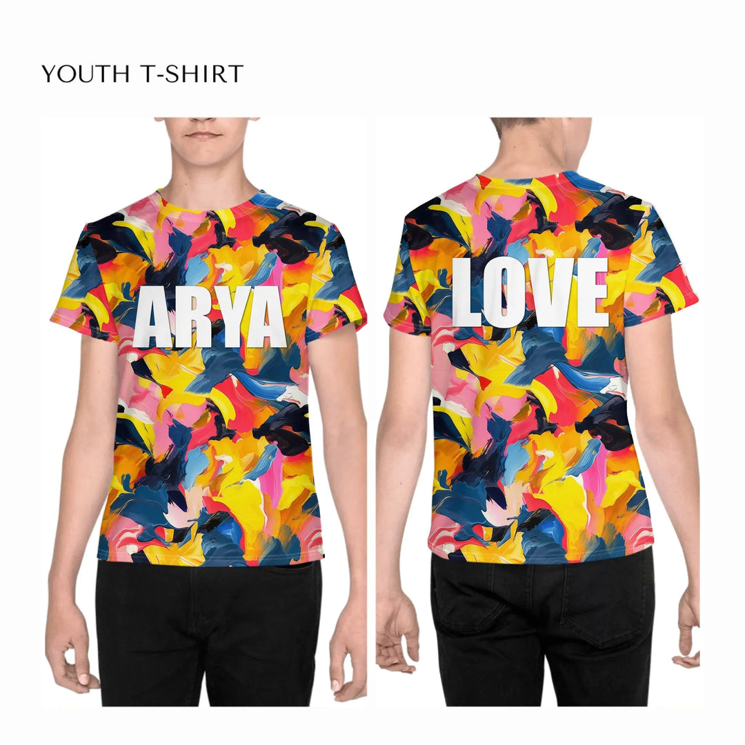 Custom-Modern-Abstract-T-Shirt-Textured-Abstract-all-over-print-unisex-youth-crew-neck-t-shirt-on-boy-front-and-back-artfulane
