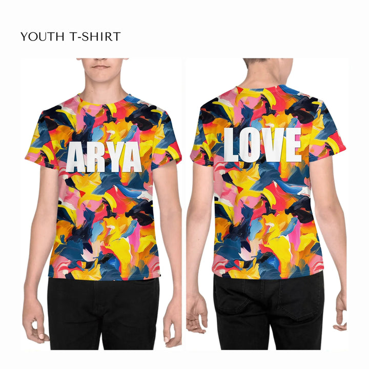 Custom-Modern-Abstract-T-Shirt-Textured-Abstract-all-over-print-unisex-youth-crew-neck-t-shirt-on-boy-front-and-back-artfulane