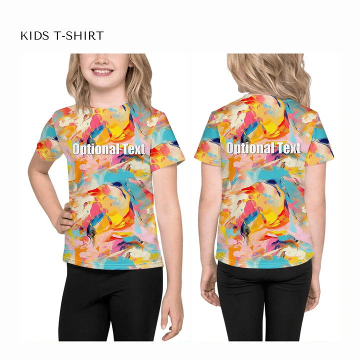 Custom-Modern-Abstract-T-Shirt-Textured-Abstract-all-over-print-unisex-kids-crew-neck-t-shirt-on-model-front-and-back-artfulane