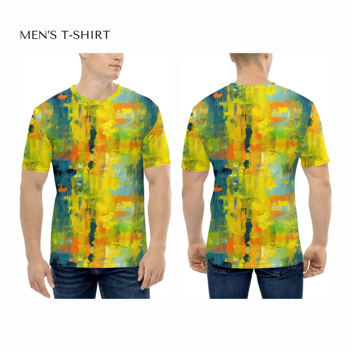 Custom-Modern-Abstract-T-Shirt-Textured-Abstract-all-over-print-mens-crew-neck-t-shirt-on-model-front-and-back-artfulane