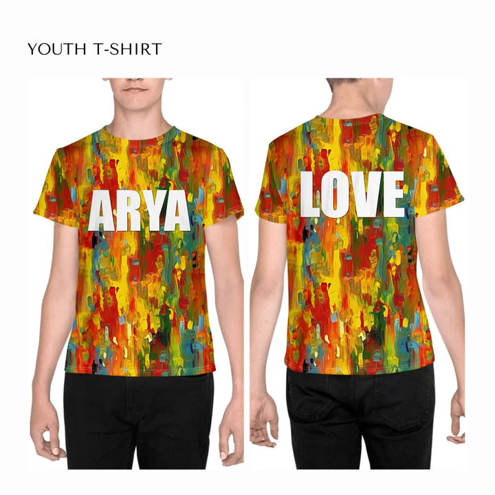 Custom-Modern-Abstract-T-Shirt-Textured-Abstract-all-over-print-unisex-youth-crew-neck-t-shirt-on-boy-front-and-back-artfulane
