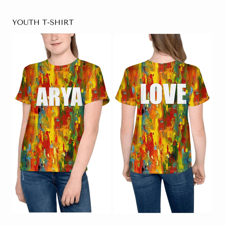 Custom-Modern-Abstract-T-Shirt-Textured-Abstract-all-over-print-unisex-youth-crew-neck-t-shirt-on-girl-front-and-back-artfulane
