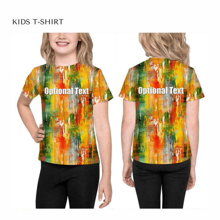 Custom-Modern-Abstract-T-Shirt-Textured-Abstract-all-over-print-unisex-kids-crew-neck-t-shirt-on-model-front-and-back-artfulane