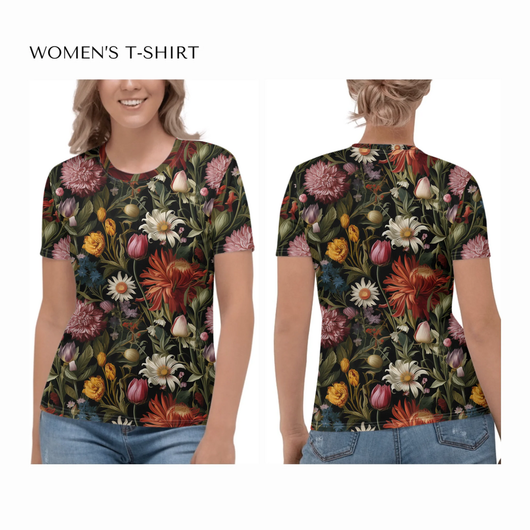 all-over-print-womens-crew-neck-t-shirt-on model-front-and-back-artfulane