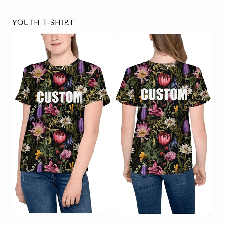 all-over-print-unisex-youth-crew-neck-t-shirt-on-girl-front-and-back-artfulane