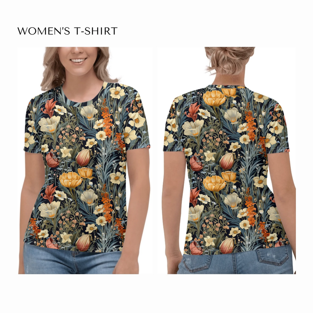 all-over-print-womens-crew-neck-t-shirt-on model-front-and-back-artfulane