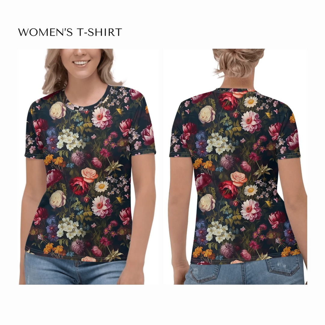 all-over-print-womens-crew-neck-t-shirt-on model-front-and-back-artfulane