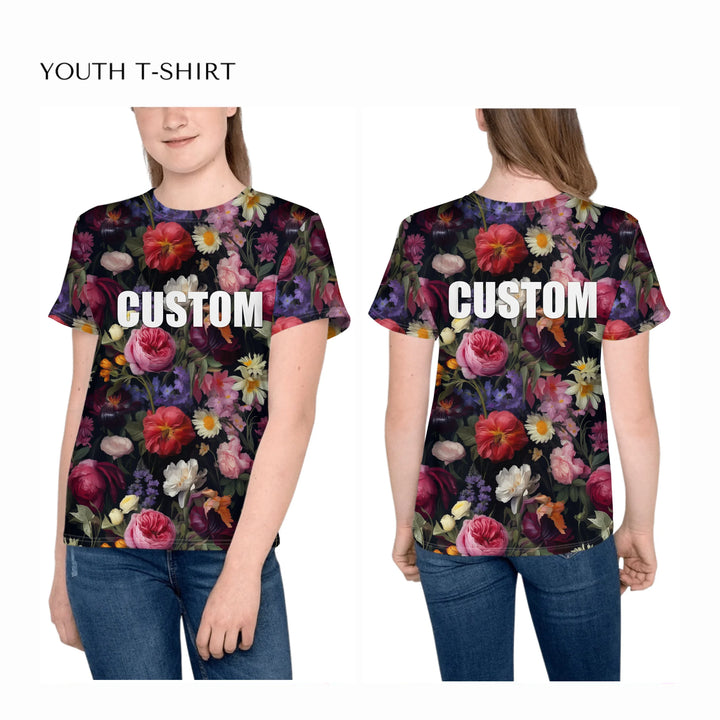 all-over-print-unisex-youth-crew-neck-t-shirt-on-girl-front-and-back-artfulane