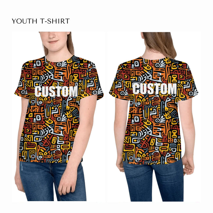 all-over-print-unisex-youth-crew-neck-t-shirt-on-girl-front-and-back-artfulane