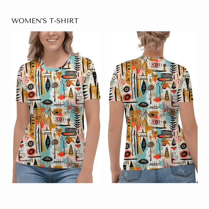 all-over-print-womens-crew-neck-t-shirt-on model-front-and-back-artfulane