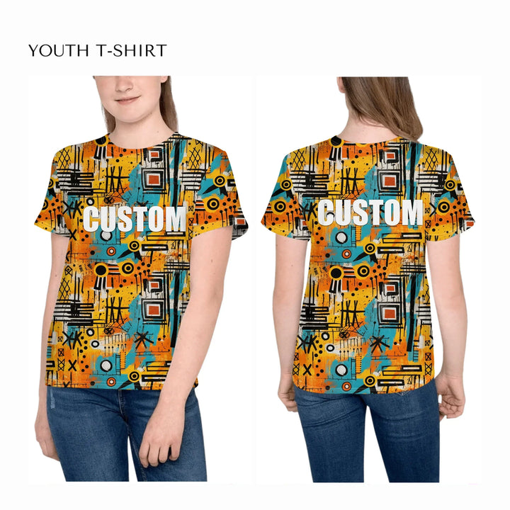 all-over-print-unisex-youth-crew-neck-t-shirt-on-girl-front-and-back-artfulane