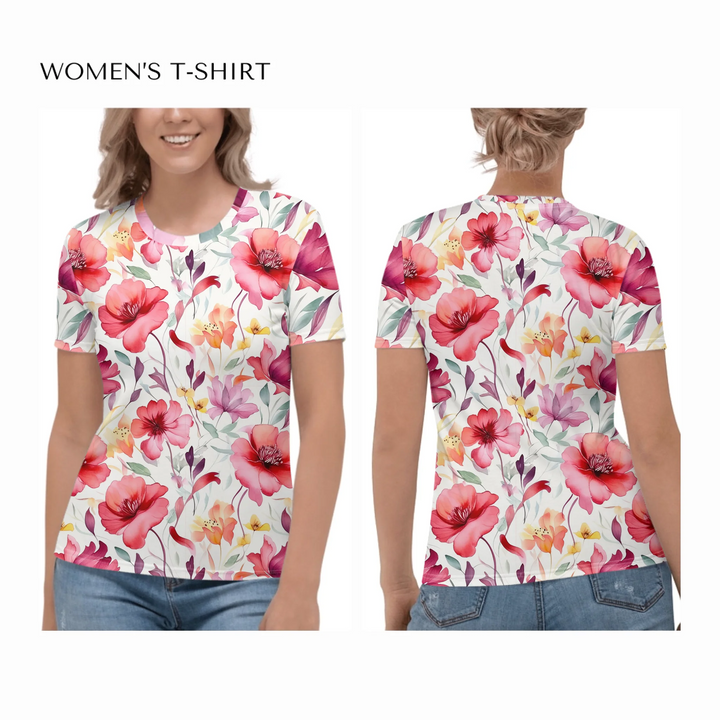 all-over-print-womens-crew-neck-t-shirt-on model-front-and-back-artfulane