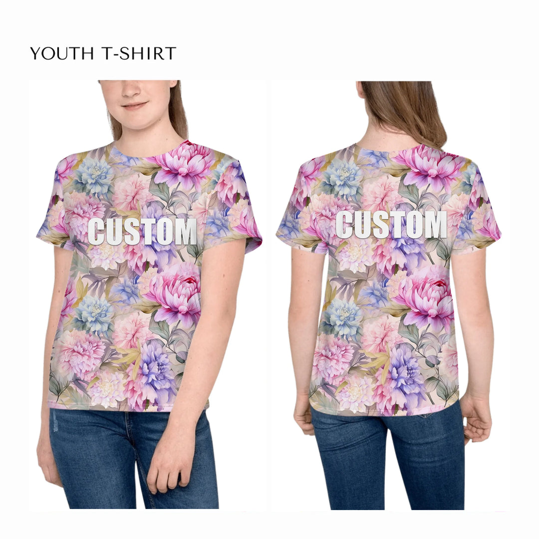all-over-print-unisex-youth-crew-neck-t-shirt-on-girl-front-and-back-artfulane