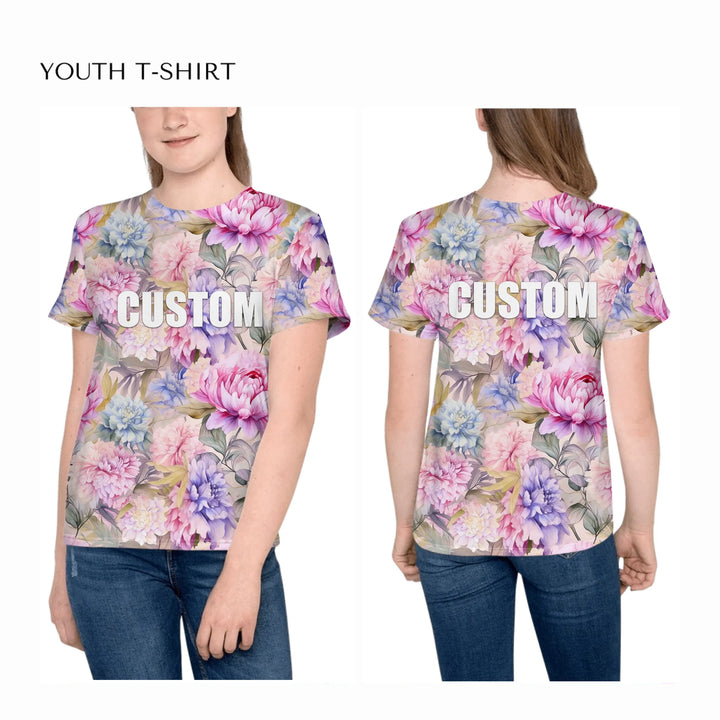 all-over-print-unisex-youth-crew-neck-t-shirt-on-girl-front-and-back-artfulane