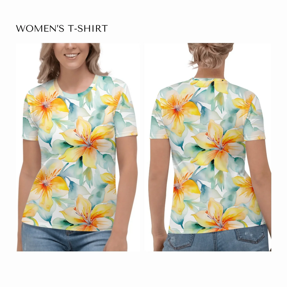 all-over-print-womens-crew-neck-t-shirt-on model-front-and-back-artfulane