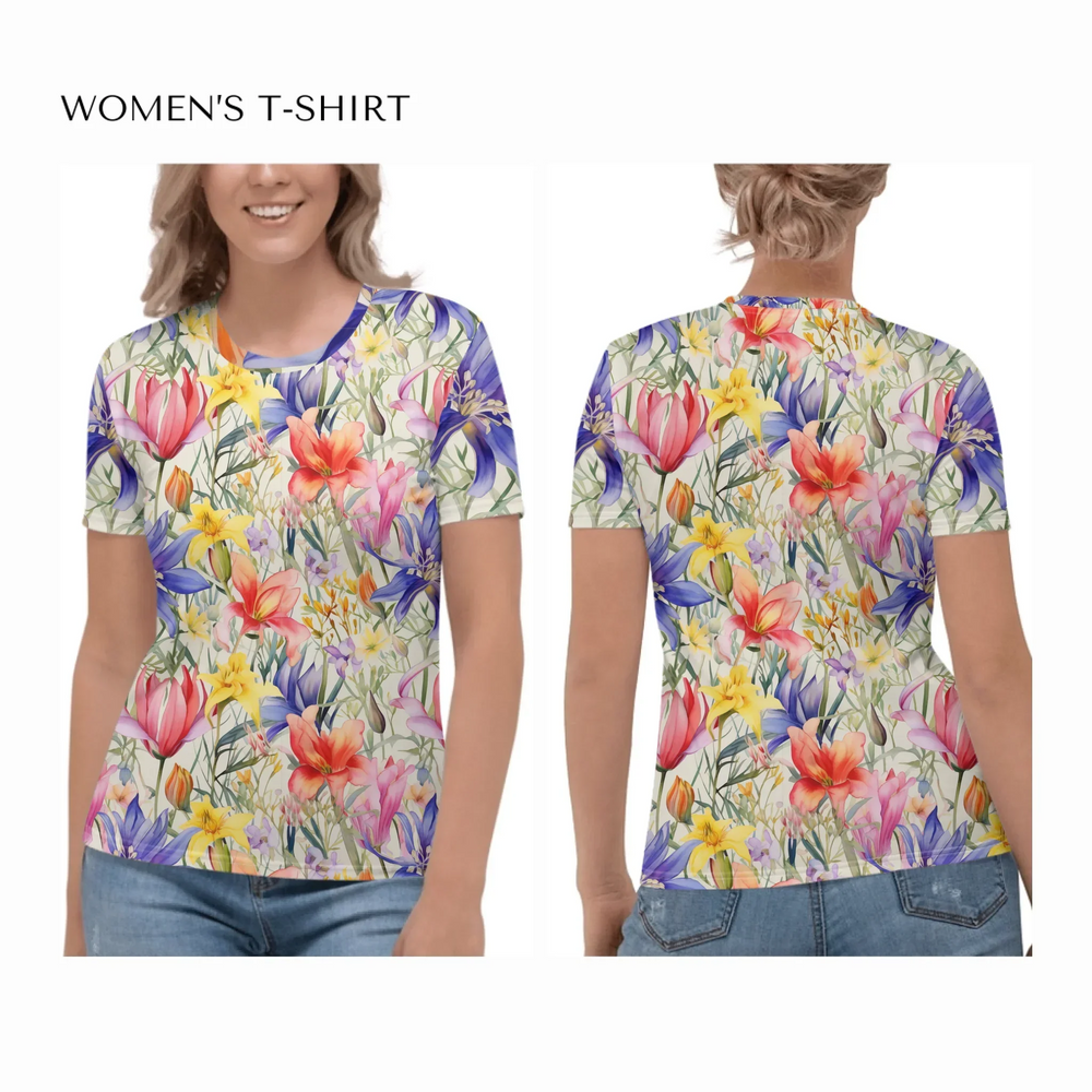 all-over-print-womens-crew-neck-t-shirt-on model-front-and-back-artfulane