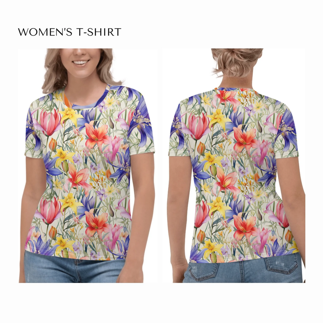 all-over-print-womens-crew-neck-t-shirt-on model-front-and-back-artfulane
